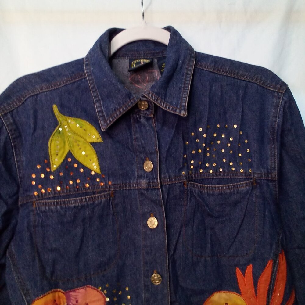 Lighthouse Apparel Jacket Women M Denim Flower Patches Sequins Button Up - Picture 7 of 15